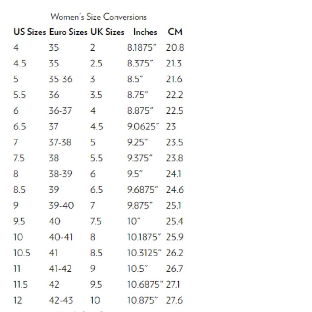Women's Shoe Conversion Chart - Sizing
